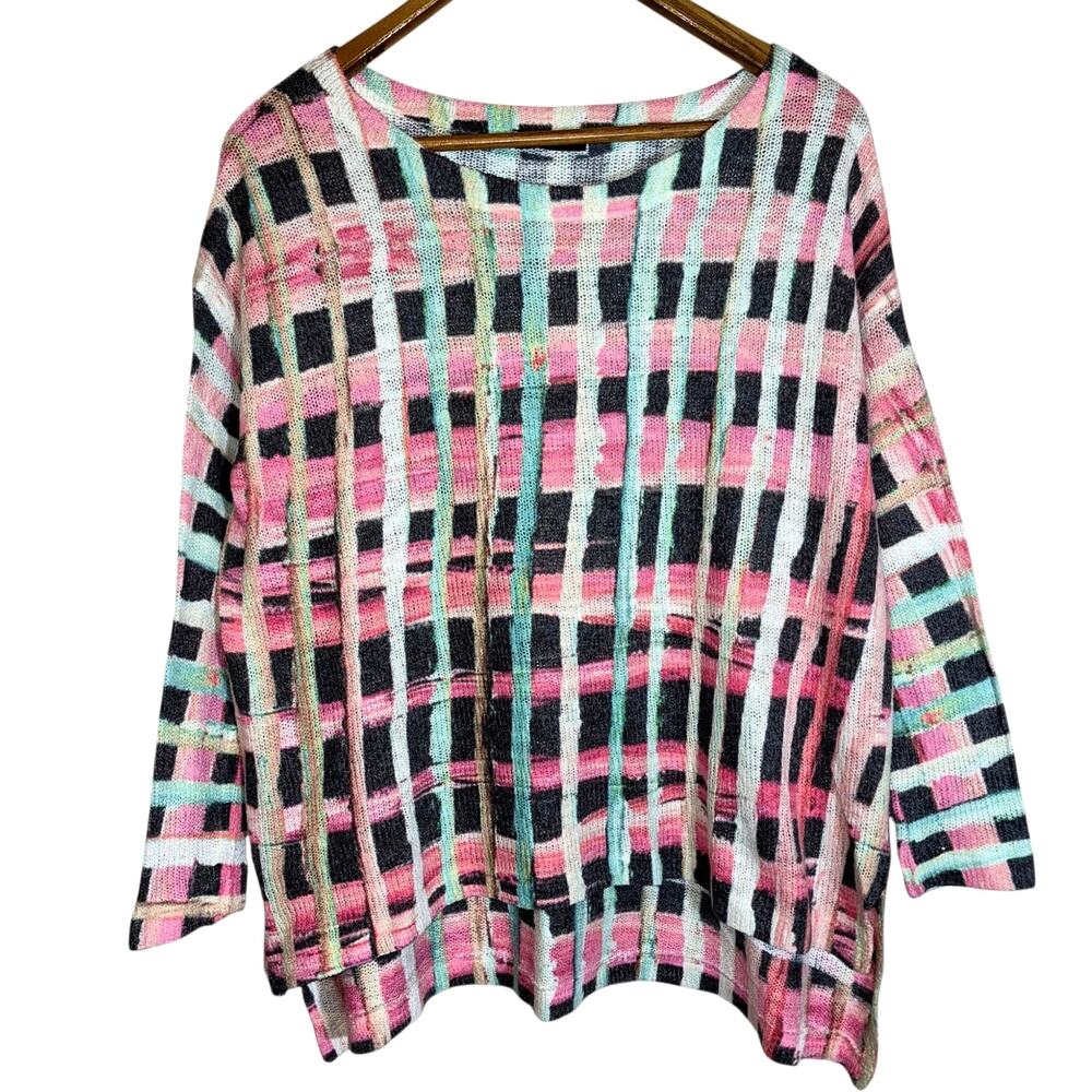 Nally & Millie Open Knit Multicolor Block Plaid Pattern Lightweight Sweater USA